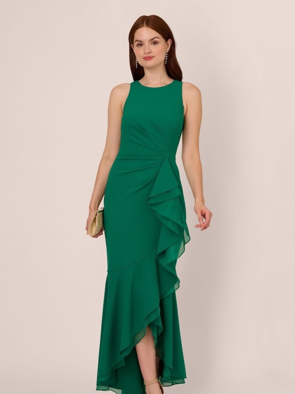 Adrianna Papell Emerald Green Ruffle Crepe Gown NWT Size 6